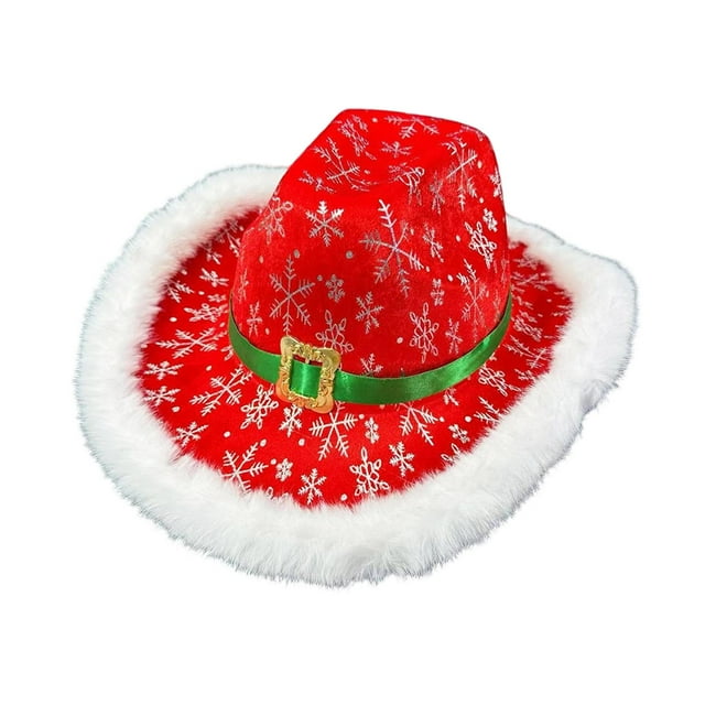 Sombrero de vaquero navideño, elegante accesorio de disfraz occidental para fiesta temática de carnaval. Copos de nieve blancos
