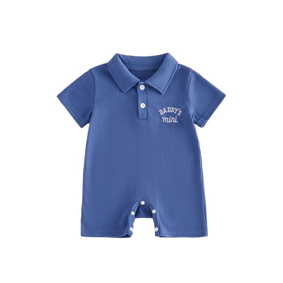 BemeyourBBs Newborn Baby Boy Summer Clothes Daddy‘s MIni Outfit Baby Boy Fathers Day Outfit 0 3 6 12 18 Months Texture Waffle Romper Shorts Letter Embroidery Turn Down Collar Jumpsuit Bodysuit