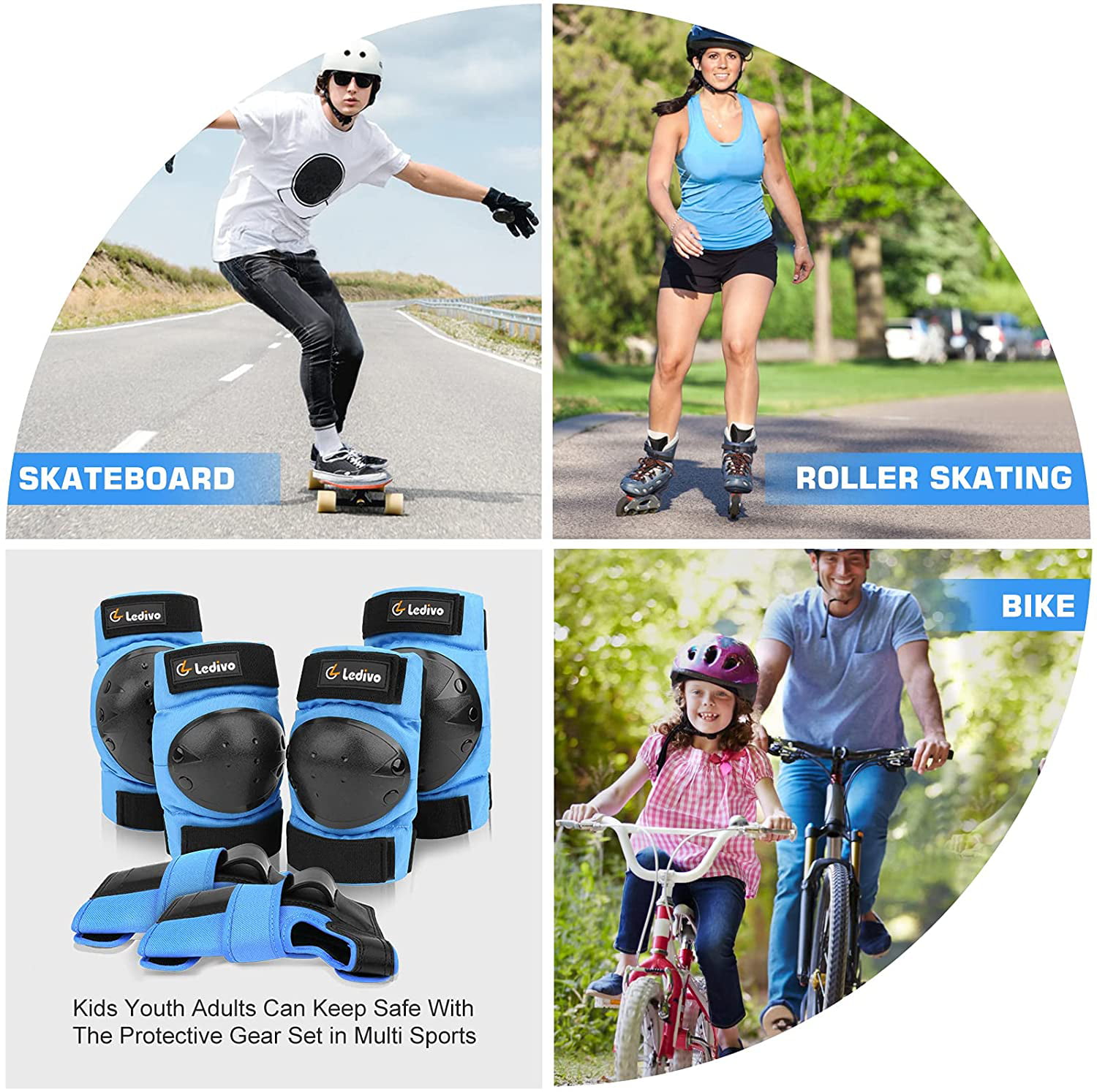 Safety Protective Gear for Roller Skates Cycling BMX Bike Skateboard Inline Skatings Scooter Riding and Other Extreme Sports 6-in-1 Sports Knee Elbow Wrist Pads Guards Knee Pads for Kids/Youth 