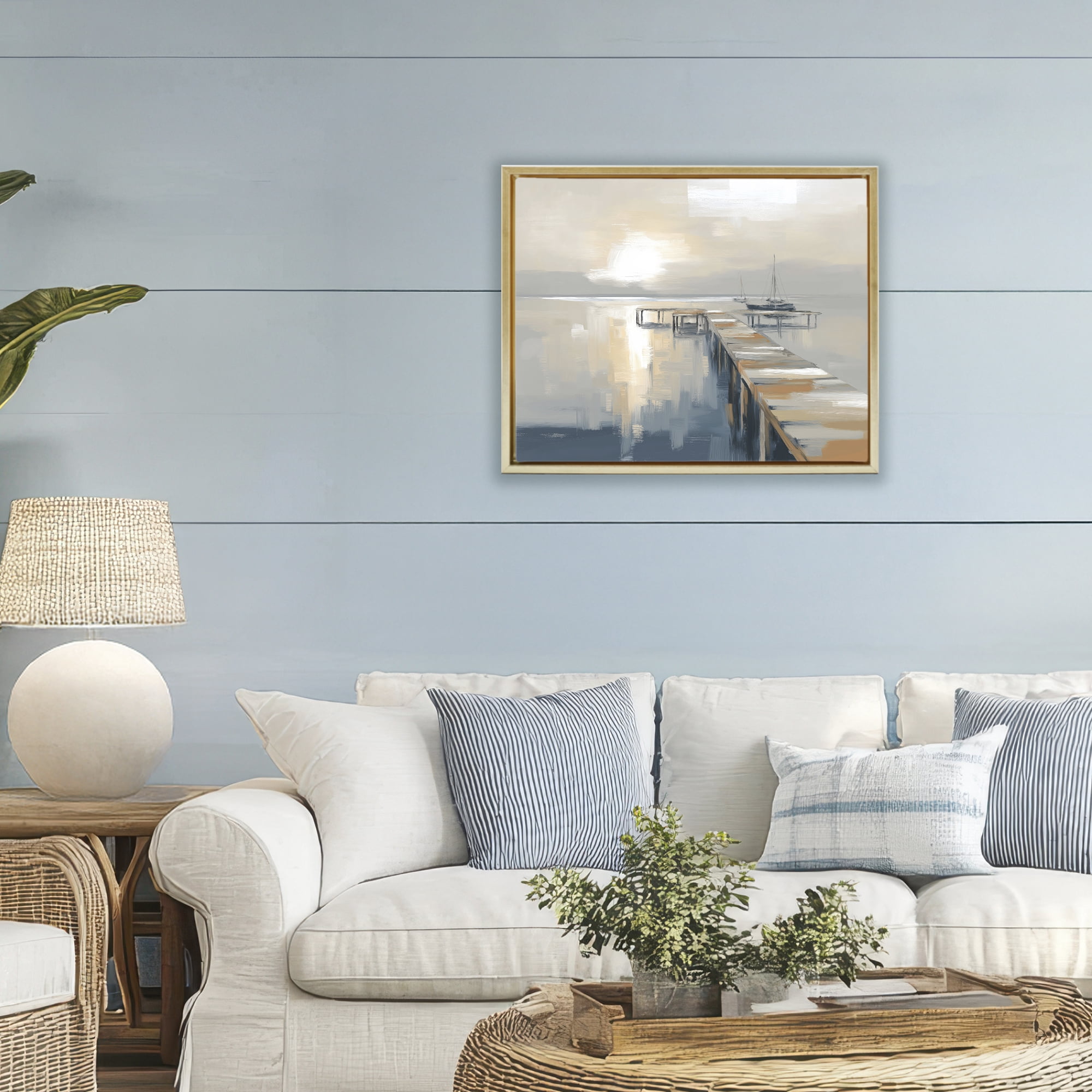 Stupell Industries Pier with Sailboat Seascape Gold Framed Floater Canvas Wall Art, design by Kim Curinga
