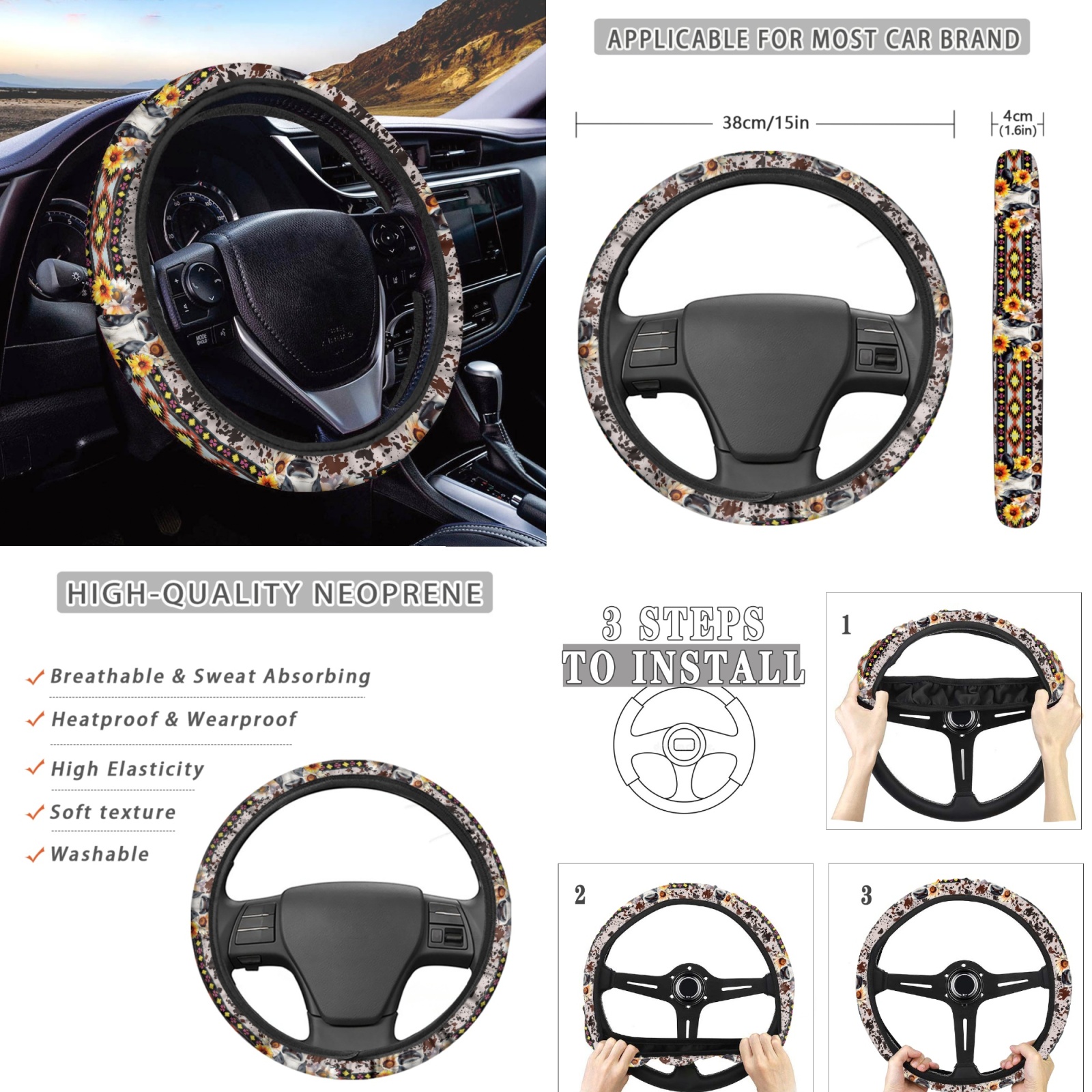 Renewold American Tribal Cow Sunflower Cow Print 12 Pieces Car Seat Cover Auto Steering Wheel Cover, Seat Belt Strap Wrap Cover Armrest Pad Handbrake Cover Gear Shift Cover Cup Holder Coasters