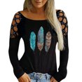 thumbnail image 4 of Tops con hombros descubiertos para mujer, blusa estampada retro con cuello redondo, camisa tipo túnica de manga larga, camisetas informales sueltas Fridja  hkj1816, 4 of 7