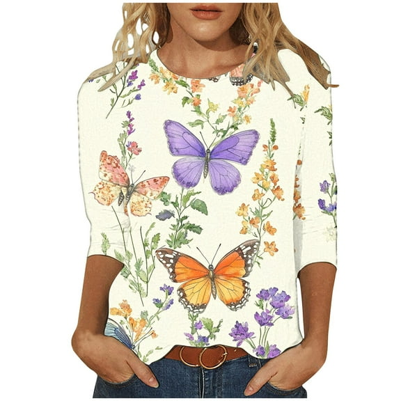 Oplxuo Ladies Butterfly Printed 3/4 Length Sleeve Shirts for Women Basic Loose Crewneck Casual Tops Trendy Cute Summer Tunic Blouse