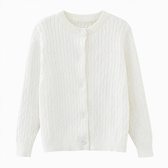 newwalpole Girls Cardigan Long Sleeve Chunky Cable Knit Cardigan for Girls Button Front Uniform School Sweater(White,5-6 Years)