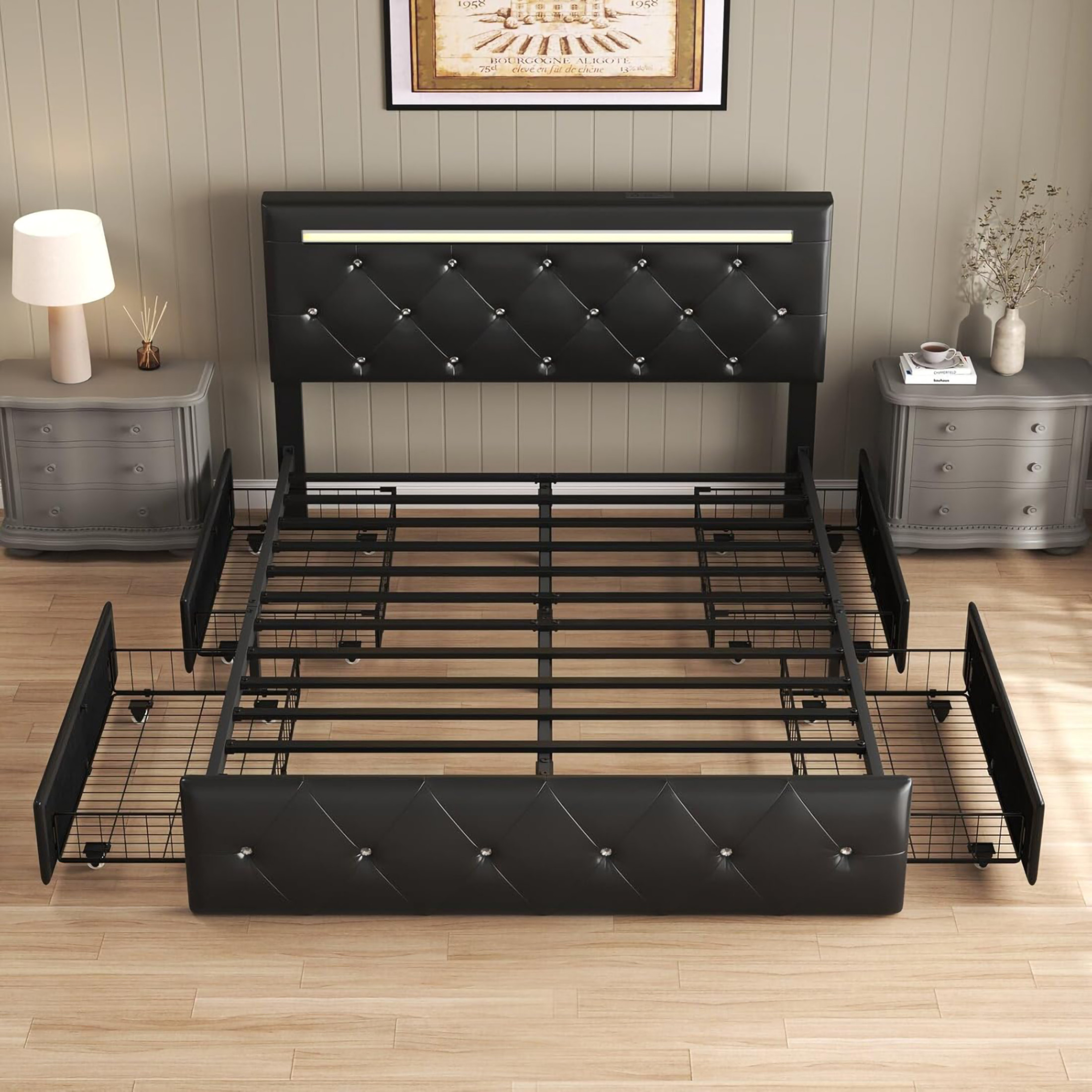 Noble House Quinci Full Bed Frame with LED Light and Adjustable Headboard, Storage Drawers & Charging Station, Black