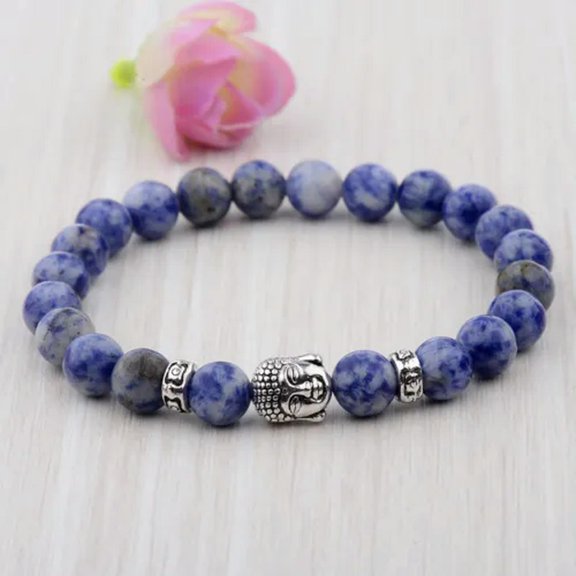 EOEMY Fashion Women 8mm White Turquoise Lava Beads Buddha Head Men Charm Bracelets-187-L
