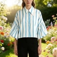thumbnail image 3 of HomeDM Womens Button Down Shirts 3/4 Ruffled Sleeve Dressy Summer Tops, Solid Color Crop Shirts - Light Blue/L, 3 of 9