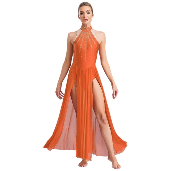 iefiel Robe de Danse Lyrique Sans Manches avec Strass Scintillants, Robe Maxi Fendue, Orange TTG