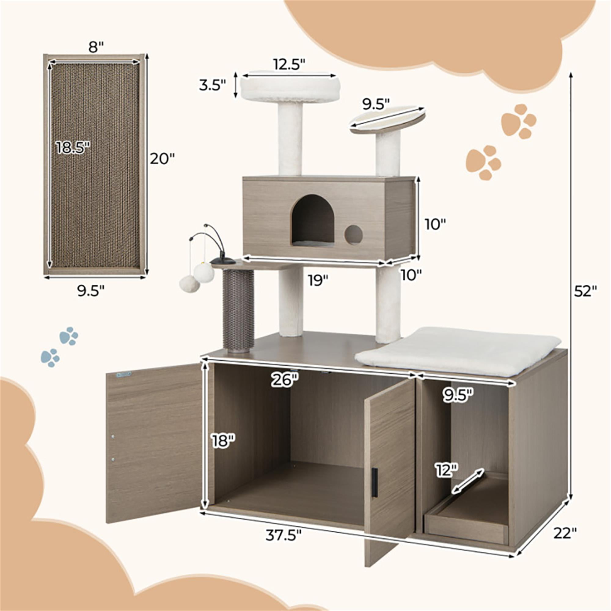 Kadyn 52" Cat Tree Tower with Litter Box Enclosure, 2-in-1 Modern Cat Tower, Cat Condo with Scratching Posts and Board, Gray