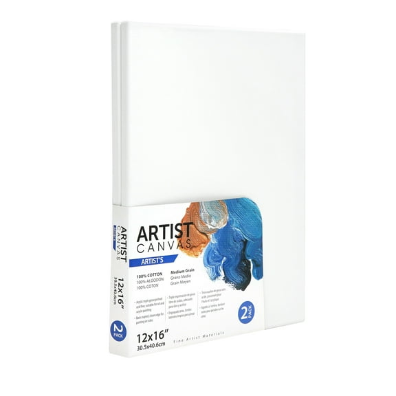 Artist Stretched Canvas, 100% Cotton Acid Free White Canvas, 12"X16", 2 Pieces, Deluxe Canvas, Ideal for Art Students, Educators, Artists and Professionals.