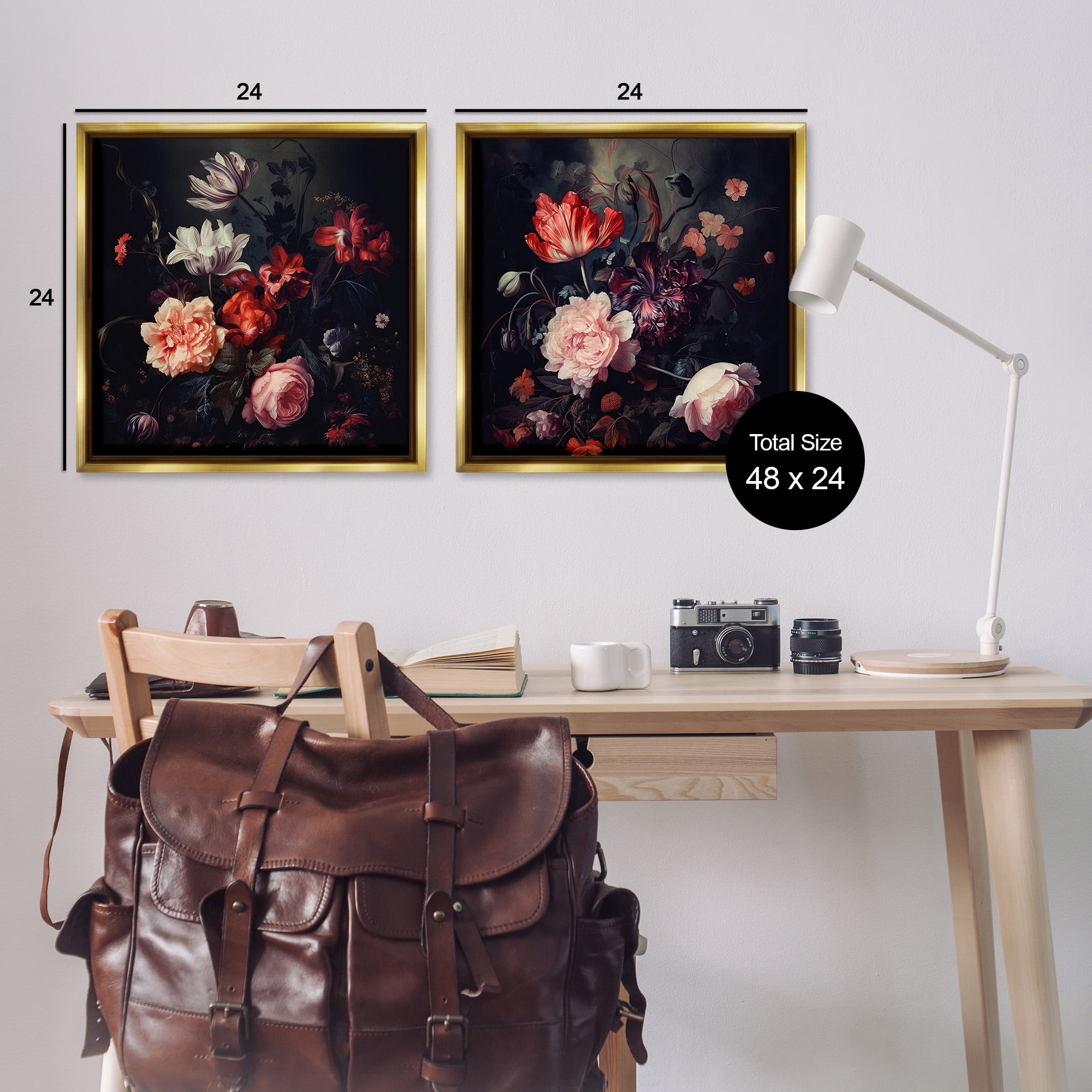 Stupell Industries Vintage Bouquet on Black Botanical & Floral Photography Gold Floater Framed Canvas Art Print Wall Art, 25 x 25, Set of 2