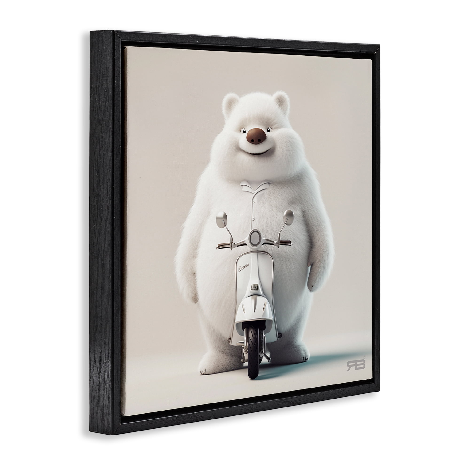 Stupell Industries Funny Bear with Scooter Animals Painting Black Floater Framed Canvas Art Print Wall Art, 25 x 25