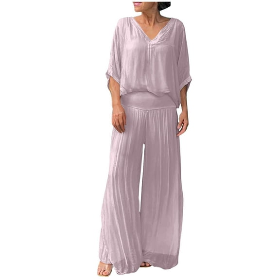 Kaemgyyd 2 Piece Sets for Women Plus Size Chiffon Fall Outfits V Neck Half Sleeve Loose Tops and Palazzo Wide Leg Pant Lounge Set