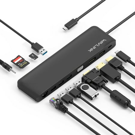 WAVLINK USB C Hub/Docking Station, 12-in-1 Triple Display Type C Adapter with HDMI, VGA, Ethernet, 2 USB 3.0/2.0, DisplayPort, SD/TF Card Reader, Audio Jack, 100W PD3.0 for Mac Windows and More