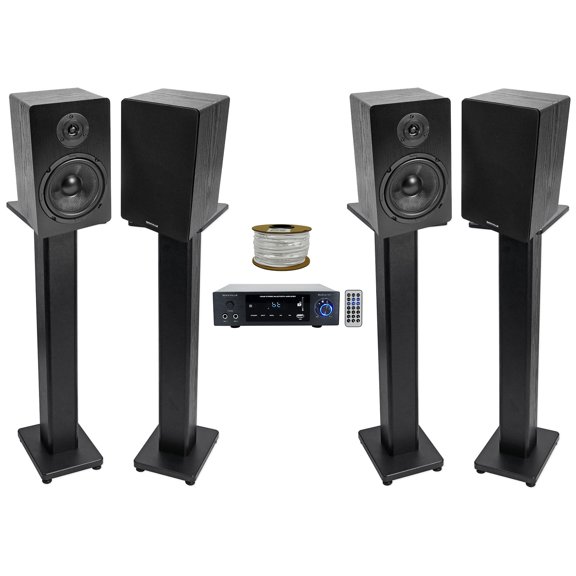 Rockville BLUAMP 150 Amplifier w/ Bluetooth (4) 6.5" Bookshelf Speakers Stands