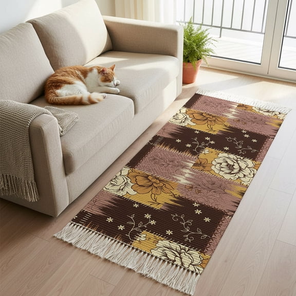 Watercolor Flowers Rose Boho Hallway Runner Rug 2x6ft, Kitchen Runner Rug Tassel Rugs, Black Yellow Plaid Area Rugs Floor Carpet for Living Room Bedroom Entryway
