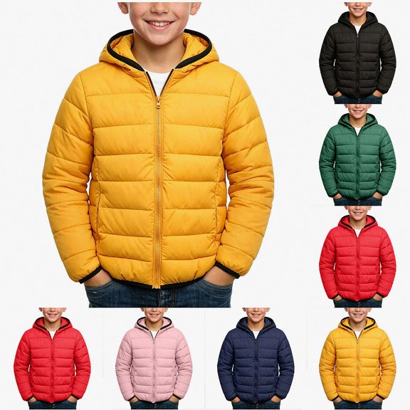 Teylalorva Boy's Outerwear Jackets Hooded Puffer Coat Vertical Zip Lightweight Down Cotton Warm Winter(1-12) Yellow Size 2T