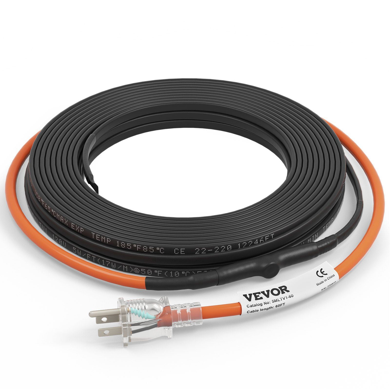 Freeze Protection Heat Tape, 60ft, Self-Regulating 5W/ft, Cuts to Length, DIY Installation for Water Pipes, Roofs, Gutters, 120V