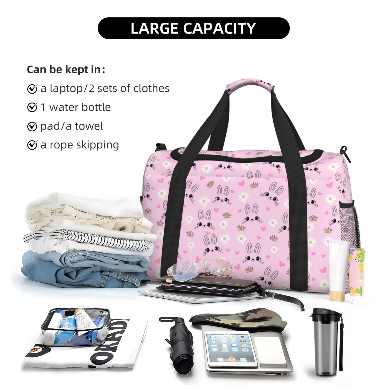 Fuzoiu Rabbit Face Print Travel Duffle Bag,Carry On Tote Bags,Duffel Bag,Sport Gym Bag, Hospital Bag for Labor and Delivery, Overnight Bag,Luggage Bag