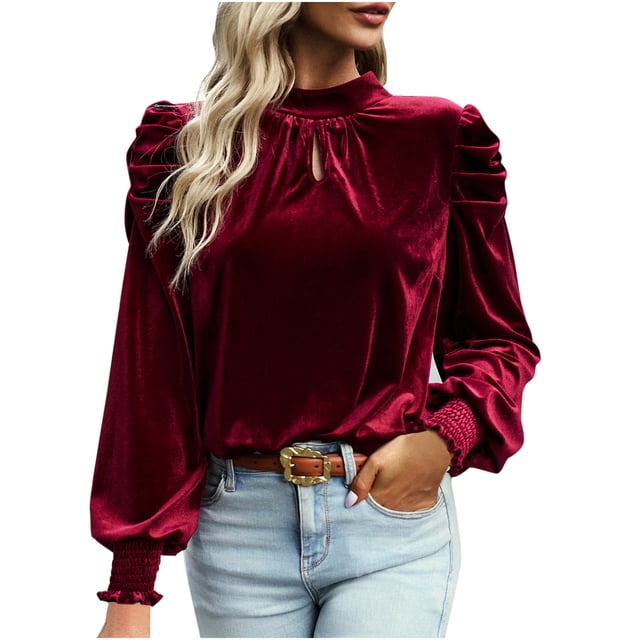 Yuyuzo Velvet Tops for Women Long Sleeve Crewneck Ruffle Shoulder Pullover Shirts Fall Solid Color Tops