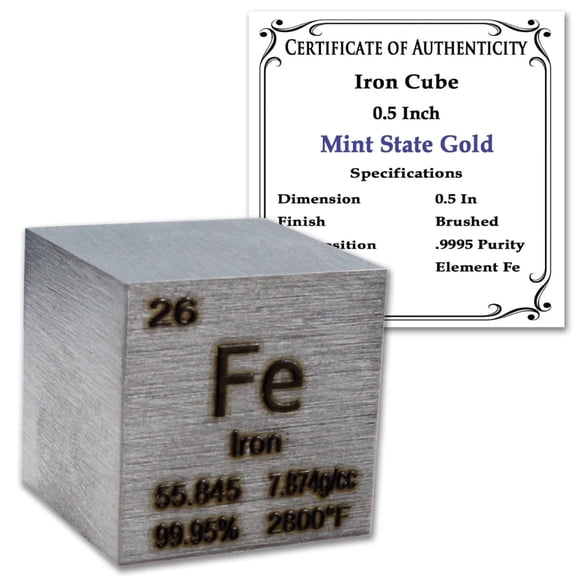 99.95% Pure 0.5" Iron Cube - Element Design with Certificate of Authenticity