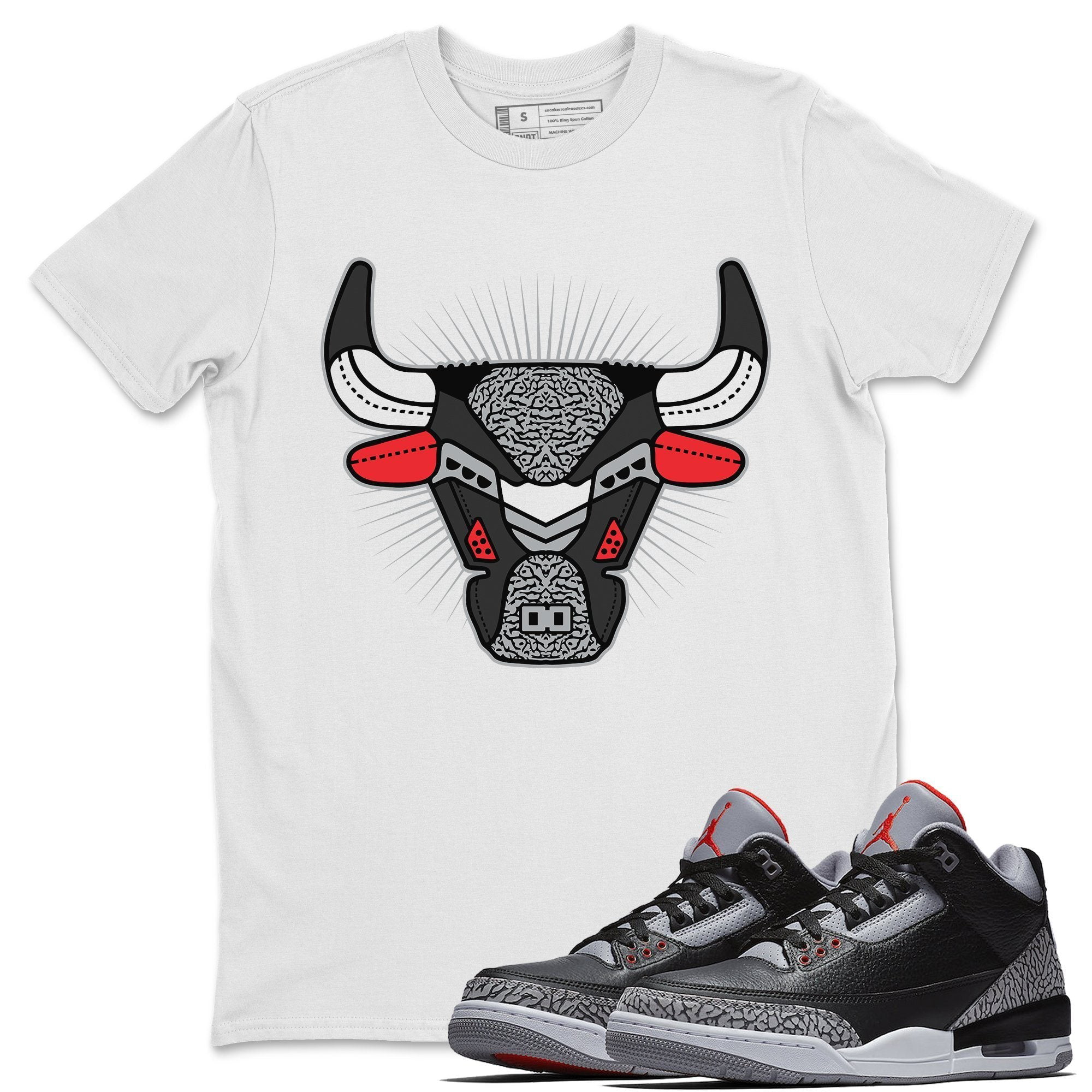 Bull Head White T-Shirt Jordan 3 Black Cement Sneaker Match Outfit - AJ3 (White / Medium) - Walmart.com