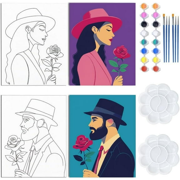 Couples Paint and Sip Canvas Painting Kit 8x10 Inch Pre Drawn Canvas Rose Date Night Painting Your Spouse Kits Adults Anniversary Valentine's Day Gifts 2 Pack Ladies Gentlemen 20x25cm