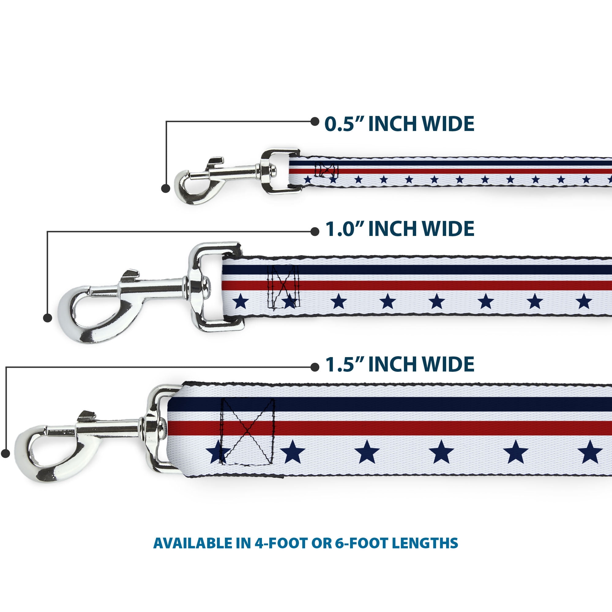 Buckle-Down Pet Leash, Dog Leash, Americana Stars Stripes White Blue Red, 6 Feet Long 1.0 Inch Wide