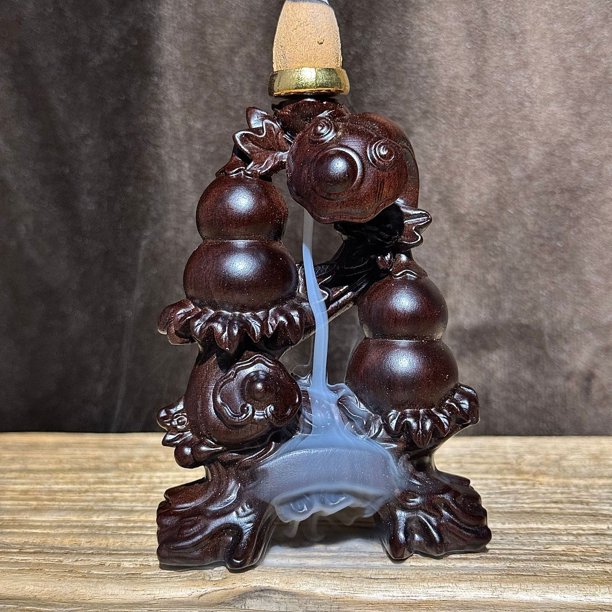 Rosewood carved gourd ornament, solid wood home decoration with incense burner, suitable for living room and office.