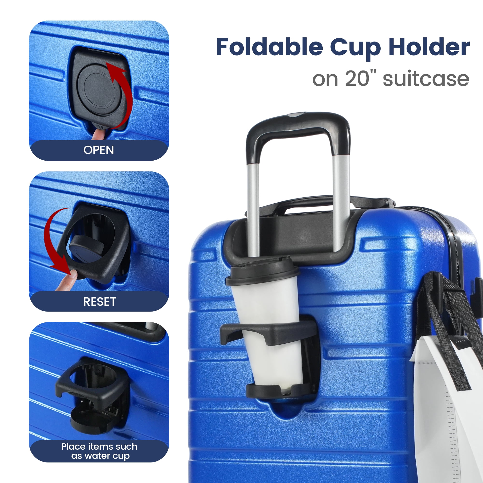 NiceTravel Luggage Set (20/24/28 inch),Hard-shell suitcase with Cup Holder(20"), Combination Locks & 360° Spinner Wheels, Blue