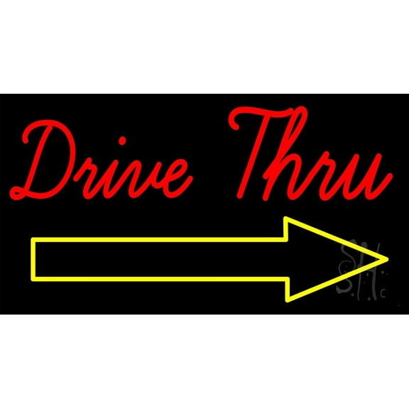 Red Double Stroke Drive Thru With Yellow Arrow LED Neon Sign 20 x 37 - inches, Black Square Cut Acrylic Backing, with Dimmer - Bright and Premium built indoor LED Neon Sign for restaurant decor.