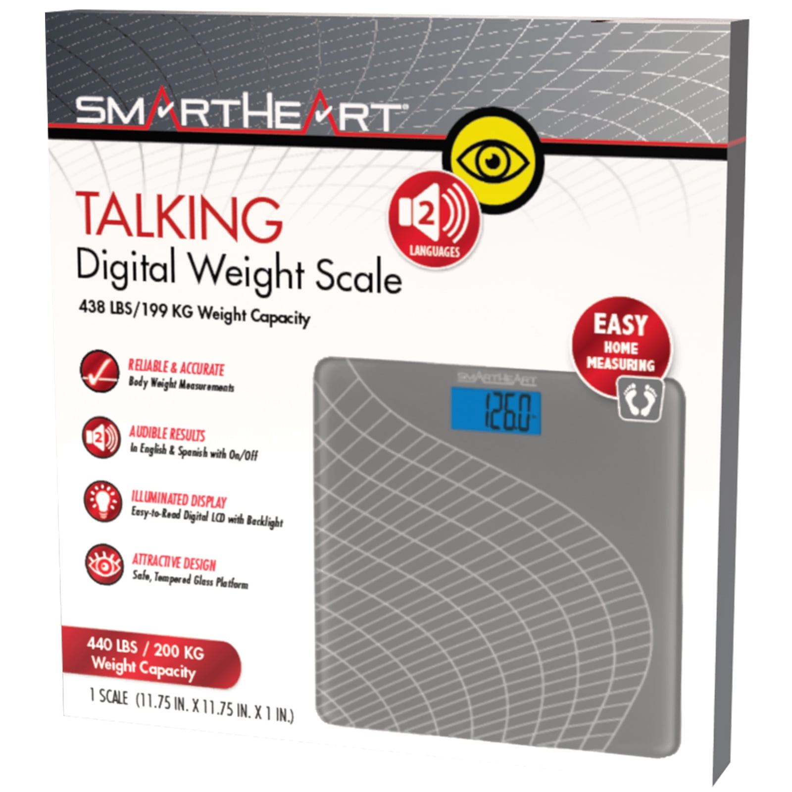 SmartHeart Talking Digital Weight Scale | 438 lbs / 199 kg Capacity | Audible Weight Announcements for Visually Impaired | Measurement Modes: LBS or KG  | 1-Year Warranty