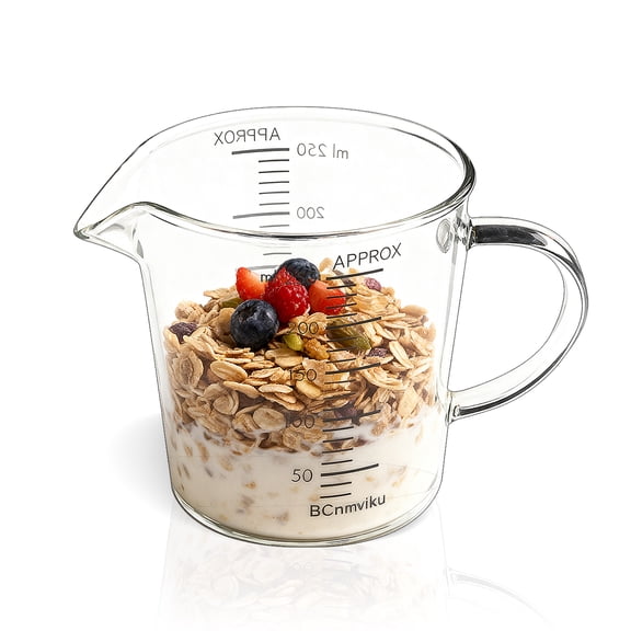 BCnmviku Glass Measuring Cup 250ml 1Cup High Borosilicate  [Insulated Handle | V-Shaped Spout]For Prepping Baking and Cooking Preheated Oven Dishwasher Freezer and Microwave Safe