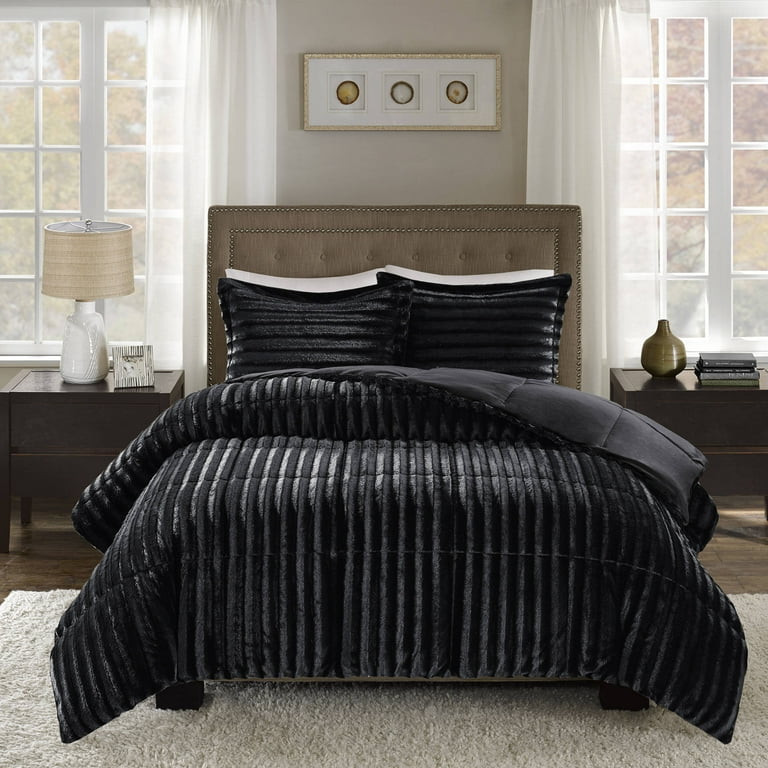 Free Shipping Home Essence York Faux Fur 3 Piece Solid Comforter Set Full Queen Black Walmart