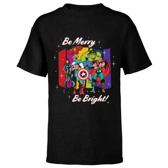 Marvel Avengers Be Merry Be Bright Retro Holiday Christmas - Short Sleeve T-Shirt for Kids - Customized-Black