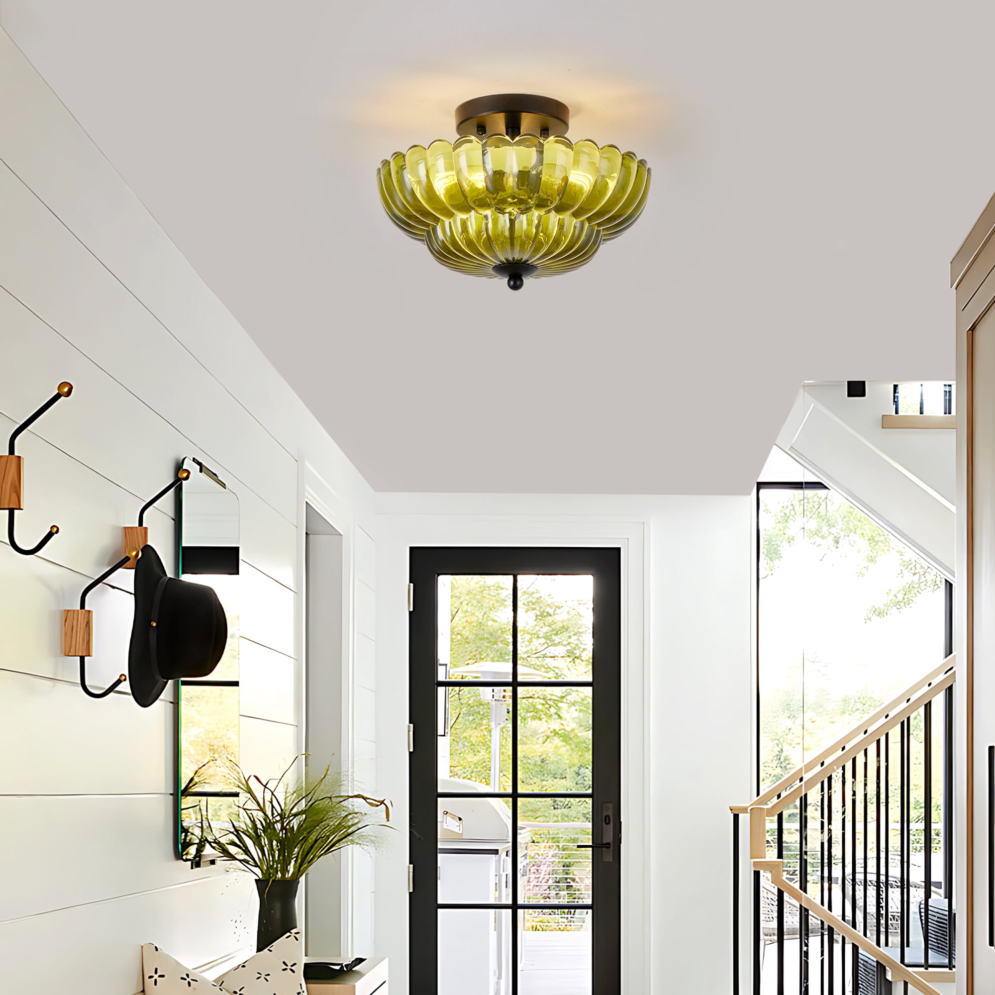 Leumius Semi Flush Mount Ceiling Light, Green Glass Ceiling Light Fixture, 3-Bulb Modern Black Close to Ceiling Light, Vintage Glass Ceiling Lights for Bedroom Kitchen Living Room, Bulb Not Included