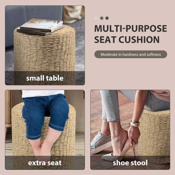 Decor Round Pouf Ottoman Double-Strand Beige Paper Rope Pouf Footrest, Foot Stool, for Bed Room Living | Room | Accent Seat