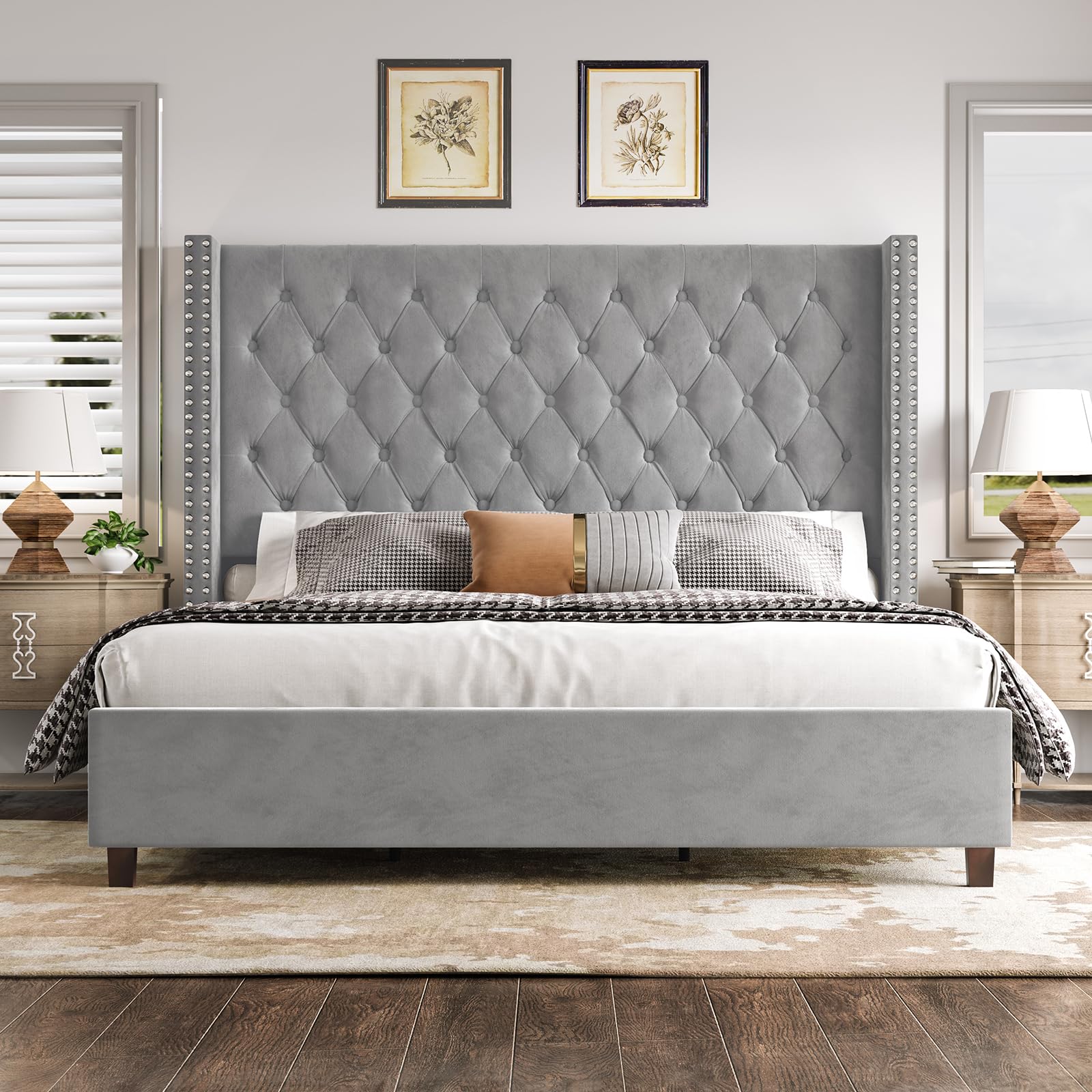 VanAcc King Platform Bed Frame 61.4" Handmade Headboard,Velvet Tall Upholstered Deep Button Tufted,Gray