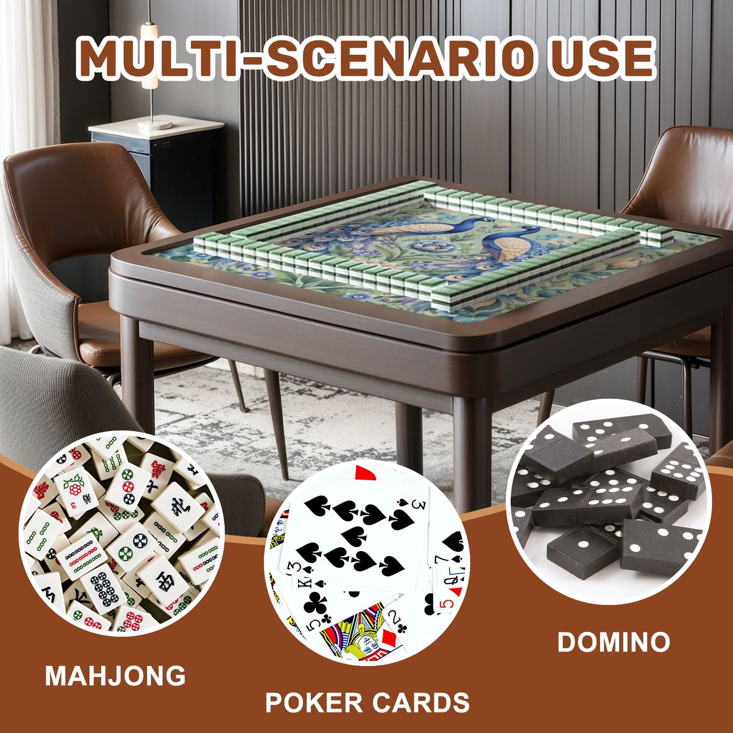 Mahjong Mat 31.5" x 31.5" Blue Purple Peacocks Floral Geometric Patterns Soft Tones Non-Slip Noise Reduction American Mahjong Tiles Table Cover for Dominoes Poker Card Board Games Gift