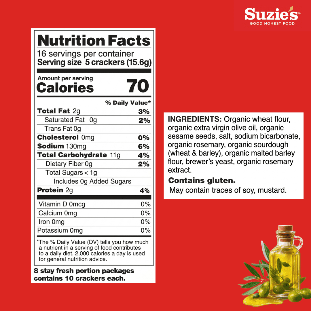 Suzie's Organic Saltines Crackers, Rosemary Sesame, Healthy Gourmet Baked Snack, 6 Pack, 8.8 oz
