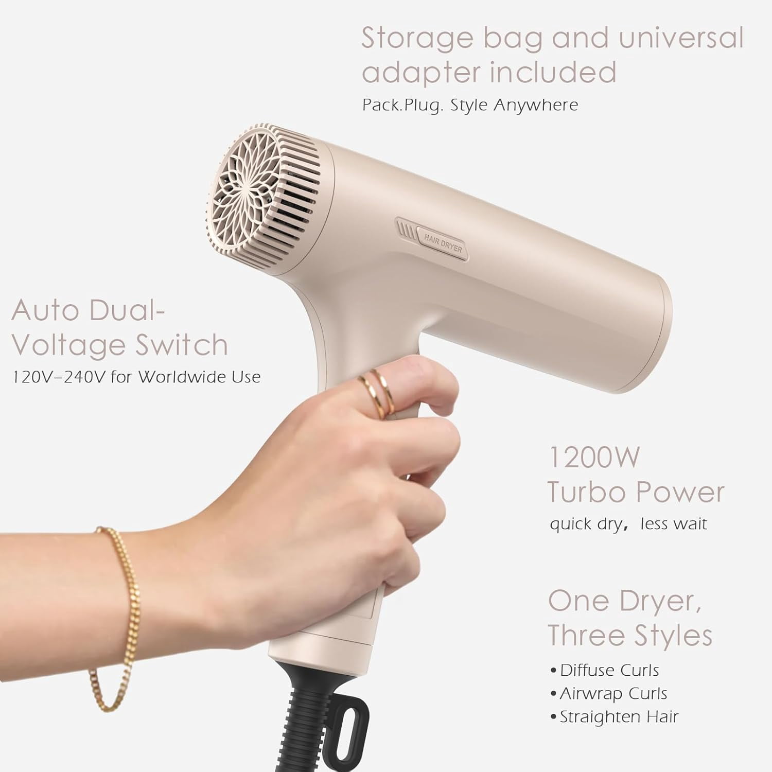TOME Hair Dryer with Diffuser,Dual Voltage Travel Blow Dryer 1200W Air Curling Wands Nozzle with Universal Power Adapter