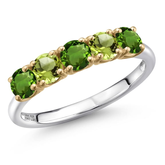 Gem Stone King 925 Silver and 10K Yellow Gold Green Tourmaline and Green Peridot Wedding-Bands Ring for Women | 1.35 Cttw | Round 4MM | Gemstone October Birthstone | Size 5