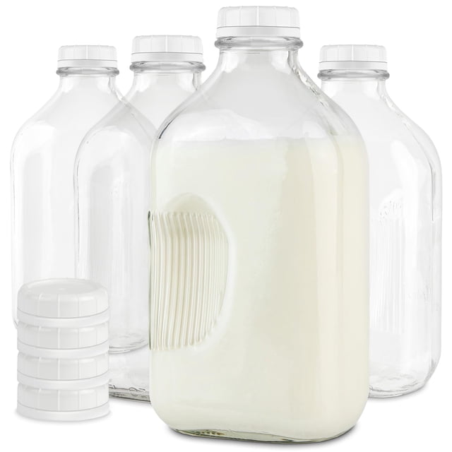 Botellas de Vidrio para Leche para tu Hogar, Medio Galón con Tapa 1.9L, Paquete de 4