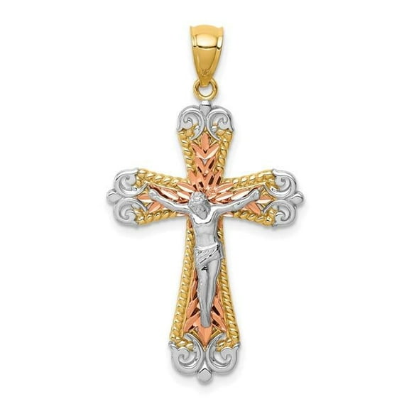 Finest Gold 14K Tri-color D-C with White Rhodium Crucifix Pendant