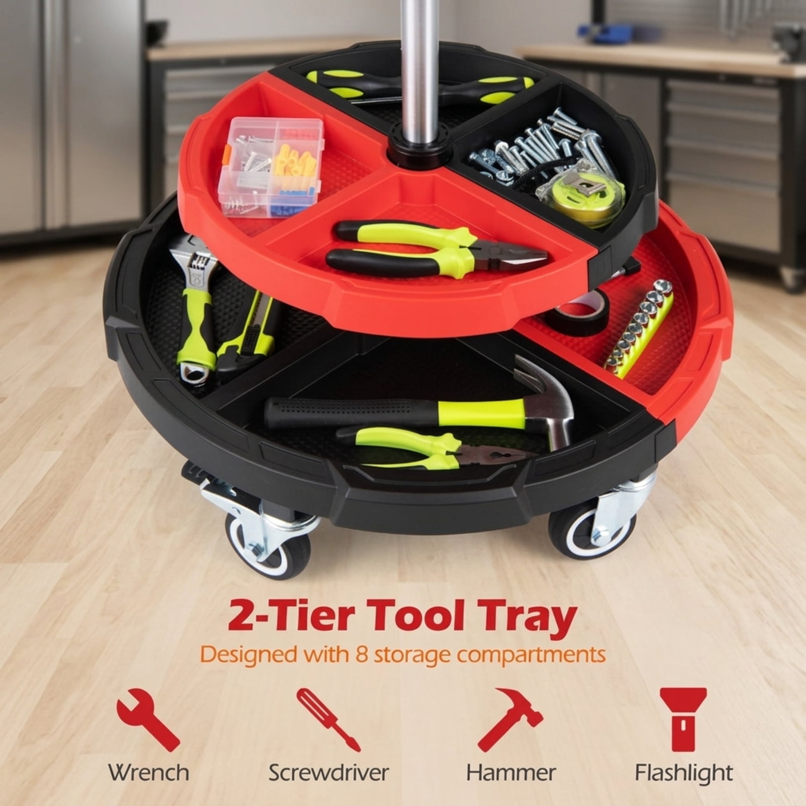 Biotree Rolling Mechanic Stool 23.5" x 20.5" for Auto Repair Workshop Mechanic with Tool Tray for Garage Shop, Red