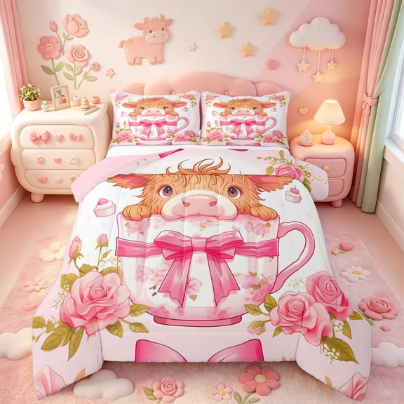 meiyoeat Ckawaii Highland Cattle Full Size Comforter Sets,Pink Bow Floral Blossom Bedding Comforter Set For Girls,Pink Reversible,3pcs,1 Comforter and 2 Pillowcases