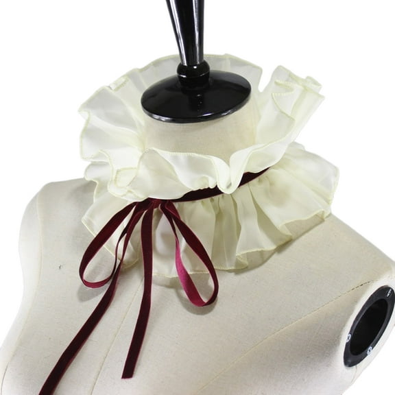 Women Elizabethan Chiffon Ruffle Fake Collar Vintage Neck Ruff Lace-Up Detachable Choker Shawl Wrap Costume