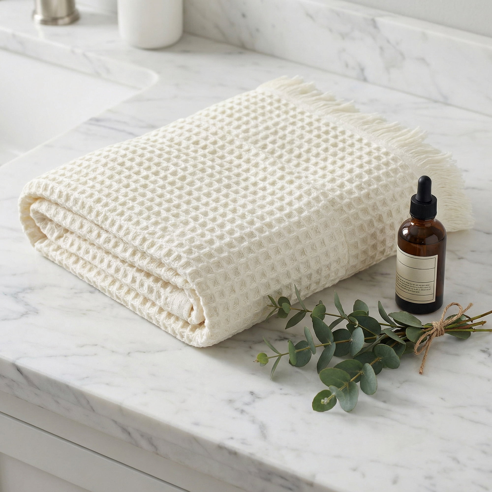 Unique Bargains Highly Absorbent Cotton Waffle Bath Towel with Tassel Beige 71" x 35"