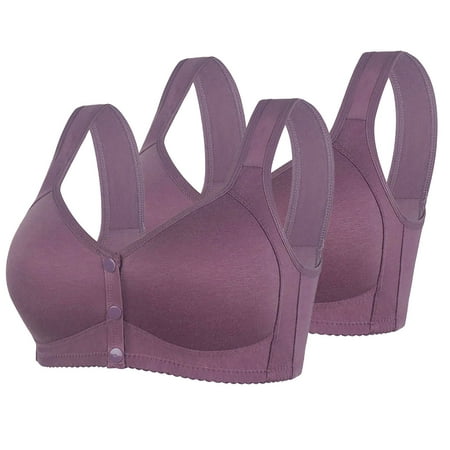 REORIAFEE Push up Bra Pack 2 Pack Front Closure Gathered Together Wirefree Bras Solid Brassiere Comfy Wide Strap Breathable Corset Underwear Comfortable Classic Support Lingerie Purple S