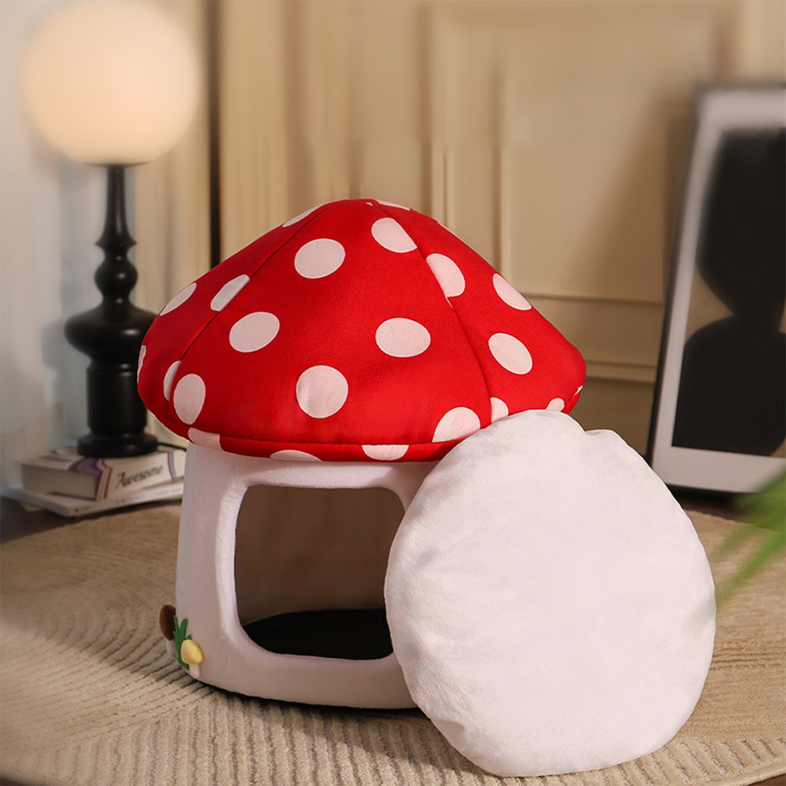 Comfortable Mushroom Cat Bed with Removable Cushion - Semi-Enclosed Cave Pet House for Indoor Cats and Small Dogs, Warm Washable Plush Den with Non-Slip Bottom, Cute Home Decor